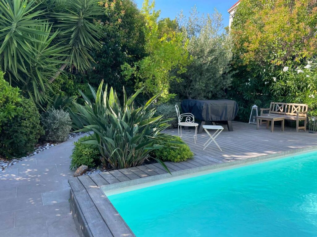 Massif de Strelitzia et boules de Pittosporum tobira en rive d'une terrasse en ipé, Le Cannet